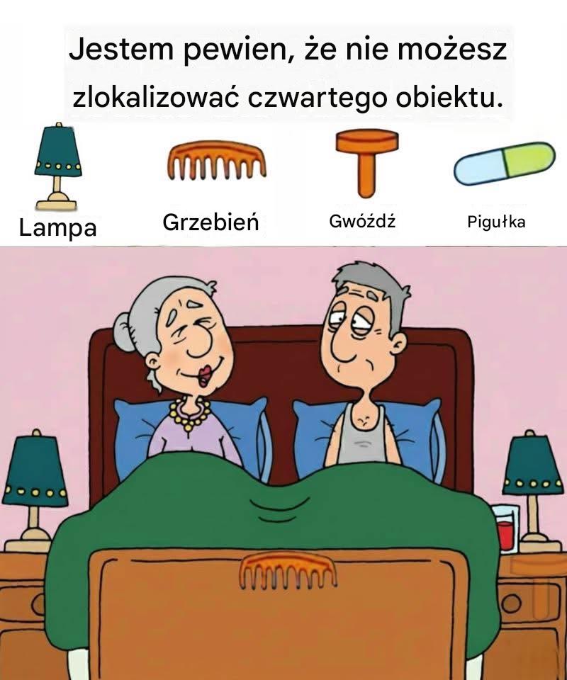 Znajdź lampę, grzebień, gwóźdź, tabletkę.